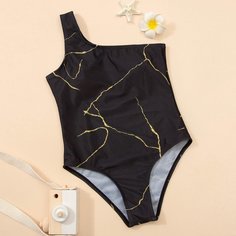 Слитный купальник на одно плечо с мраморным принтом для девочек Shein