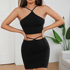 Трикотажный топ-халтер и юбка на шнуровке сзади Shein