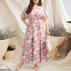 Платье размера плюс с цветочным принтом и v-образным воротником Shein