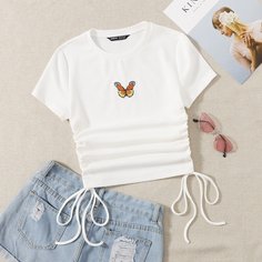 Футболка на кулиске с вышивкой бабочки Shein