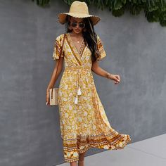 с бахромой Цветочный принт Бохо Платье Shein