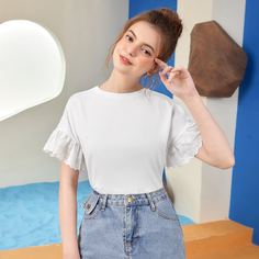 Ажурная вышивка Одноцветный Повседневный Футболки Shein