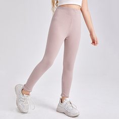 Однотонные трикотажные леггинсы для девочек Shein