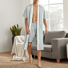 Мужская атласная пижама с поясом и контрастной отделкой Shein
