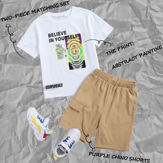 Шорты с карманом и футболка с текстовым принтом для мальчиков Shein