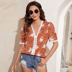 Контрастные кружева Цветочный Бохо Блузы Shein
