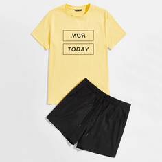 Мужские шорты и футболка с текстовым принтом Shein