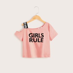 Топ с текстовым принтом, текстовой лентой и асимметричным воротником для девочек Shein