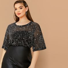 Сетчатый длинный топ размера плюс с узором звезды Shein