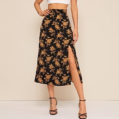 Юбка с цветочным принтом и разрезом Shein