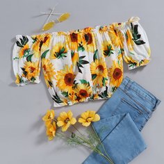 Блузка с открытыми плечами, складкой и принтом подсолнуха Shein