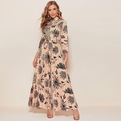Цветочный широкий комбинезон с вырезом-стойкой и поясом Shein