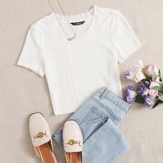 Однотонная трикотажная футболка с оригинальной отделкой Shein