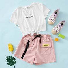 Топ с узлом и шорты с карманом для девочек Shein