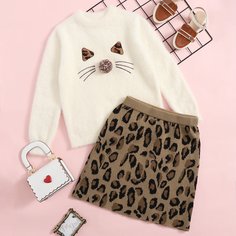 Плюшевый топ-свитер с вышивкой, помпоном и юбка с леопардовым принтом для девочек Shein