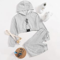 Толстовка с принтом дракона и джоггеры для девочек Shein