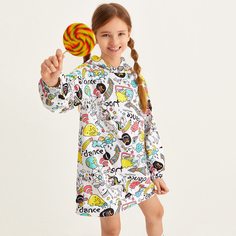 Платье с капюшоном и мультипликационным рисунком для девочек Shein