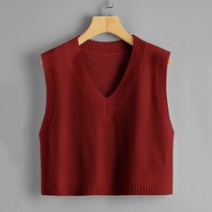 Однотонный трикотажный топ размера плюс с v-образным воротником Shein