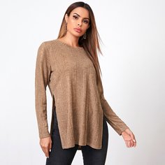 Вязаная длинная футболка в рубчик с разрезом Shein