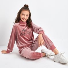 Бархатный пуловер с текстовым принтом и спортивные брюки для девочек Shein