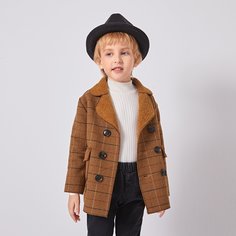 Пальто в клетку на плюшевой подкладке с двумя карманами для мальчиков Shein