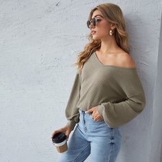 Вязаный свитер с рукавом фонариком и v-образным воротником Shein