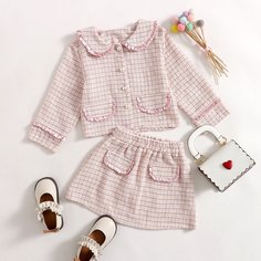 Твидовые юбка и куртка с оригинальным воротником для девочек Shein