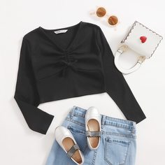 Кроп футболка со сборкой для девочек Shein