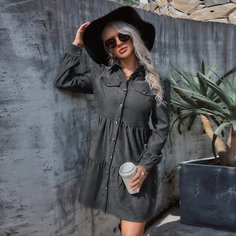 Вельветовое платье с пуговицами и пышным рукавом Shein