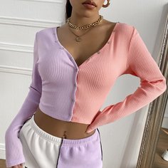 Двухцветная трикотажная короткая футболка Shein