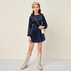 Вельветовое платье с поясом для девочек Shein