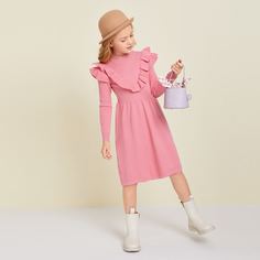 Оборка Одноцветный Повседневный Трикотажные платья для девочек Shein