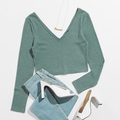 Вязаная короткая футболка в рубчик Shein