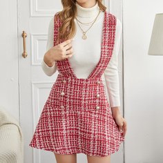 Двубортное твидовое платье с подтяжками в клетку Shein