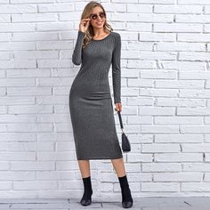 Вязаное платье в рубчик с длинным рукавом Shein
