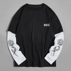 Мужская двухцветная футболка с текстовым и цветочным принтом Shein