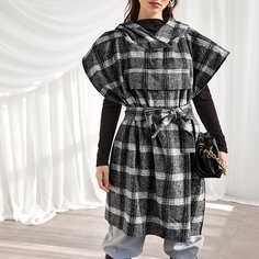 Асимметричное пальто в клетку с поясом и капюшоном Shein