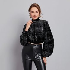 Бархатный короткий топ с рукавом фонариком и воротником-стойкой Shein