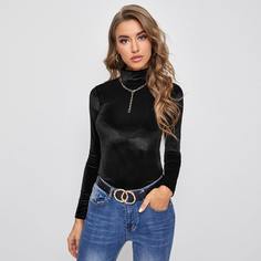 Бархатная футболка с высоким воротником Shein