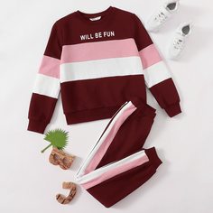 Контрастный пуловер с текстовым принтом и спортивные брюки для девочек Shein