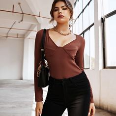 трикотажный Одноцветный Элегантный Футболки Shein