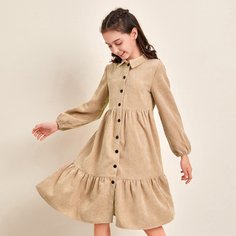 Вельветовое платье-рубашка с рукавом фонариком для девочек Shein