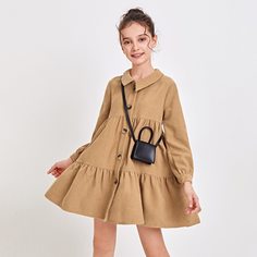 на пуговицах Одноцветный Повседневный Платья для девочек Shein