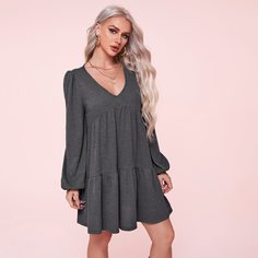 Платье с v-образным воротником и рукавами фонариками Shein