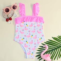 Слитный купальник с принтом фламинго для девочек Shein