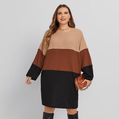 трикотажный Контрастный цвет Повседневный Платья размер плюс Shein