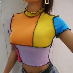 Волнистый край Контрастный цвет Повседневный Футболки Shein