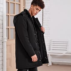 на молнии Одноцветный Повседневный Мужское пальто Shein