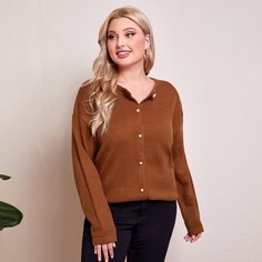 с жемчугом Одноцветный Повседневный Кардиганы размер плюс Shein
