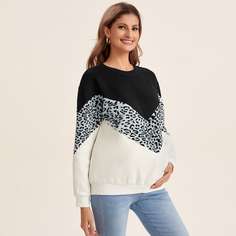 Фланелевый контрастный пуловер с леопардовым принтом для беременных Shein
